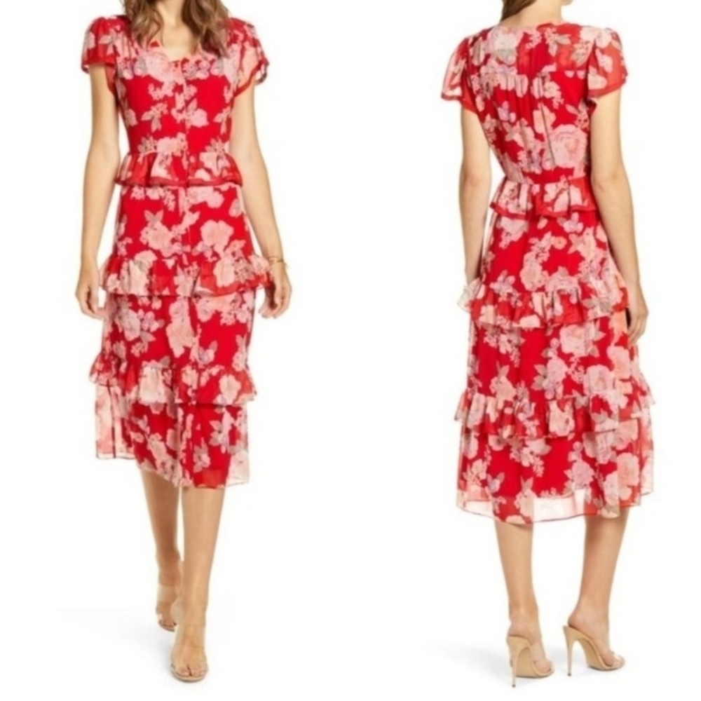 NWT Rachel Parcell Red‎ Floral Ruffle Button Down Midi Shirtdress Size L
